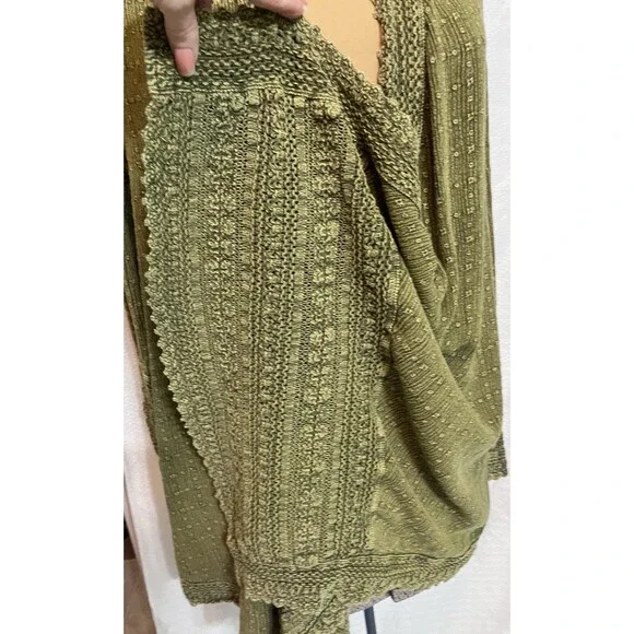 Boho Asymmetrical Handkerchief Hem Embroidered Open Cardigan Knit Green Cottage - Picture 3 of 7